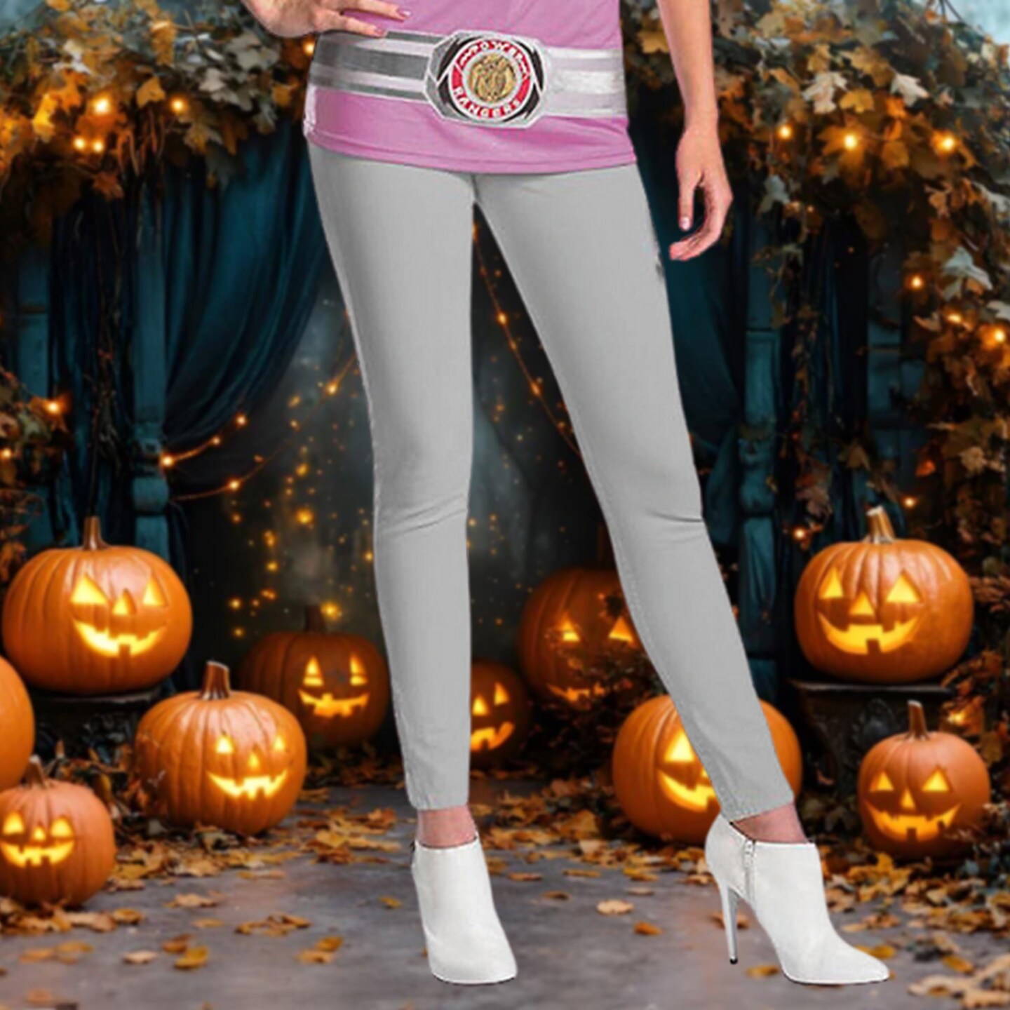 Women&#x27;s Pink Power Ranger Costume Printed Shirt With Character Mask
