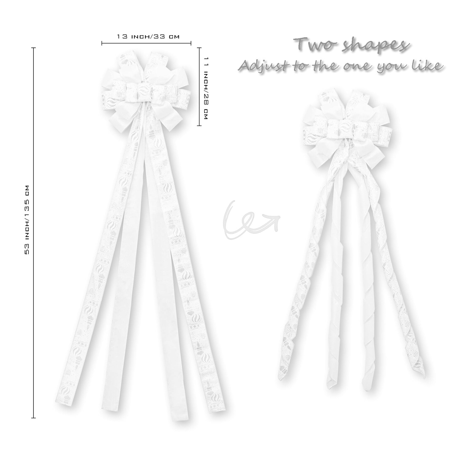 Hismir Christmas Tree Topper Bow&#xFF0C;53x13 Inches Large Christmas Bow with Glitter Streamer and Patterned Ribbon&#xFF0C;Decorative Bows for Xmas Tree Wreath Door Festival Home Decor(White)