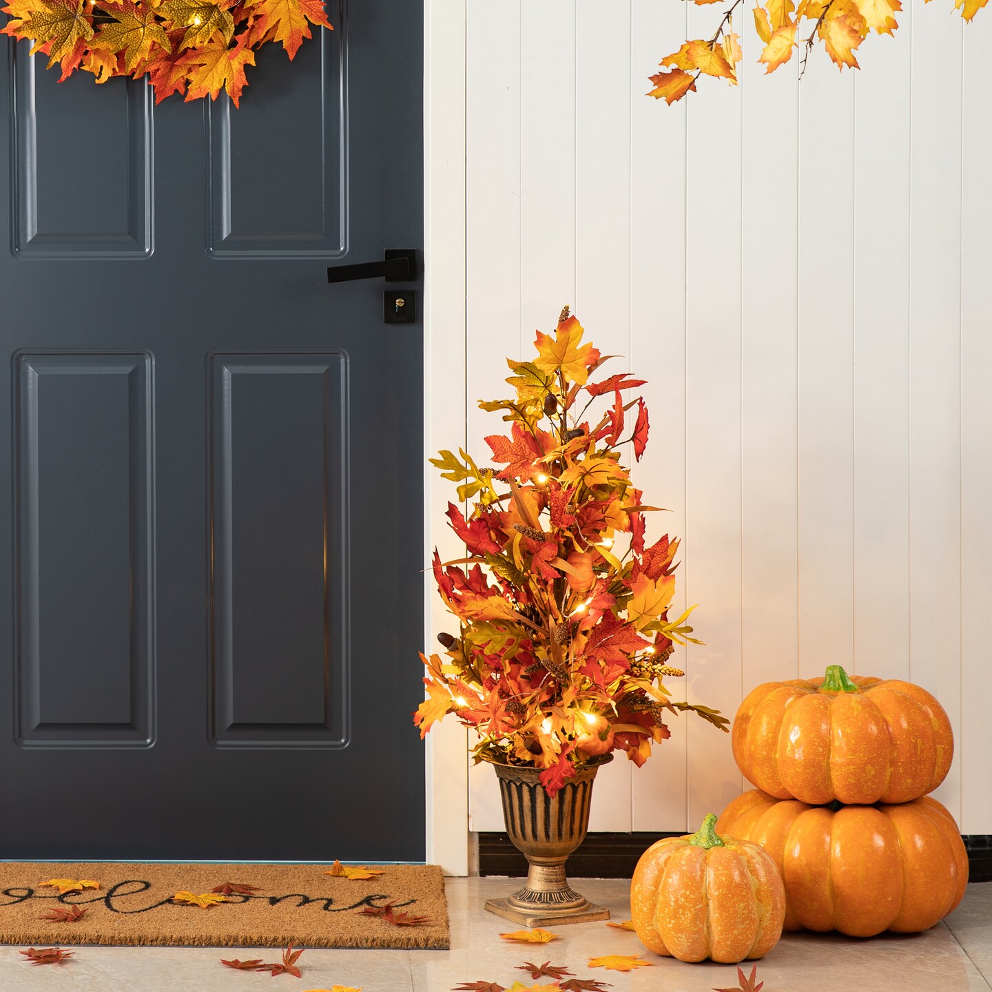 Set of 2 36"H Fall Lighted Maple Leaves Urn Potted Porch Tree with Timer, 20 Warm White Lights