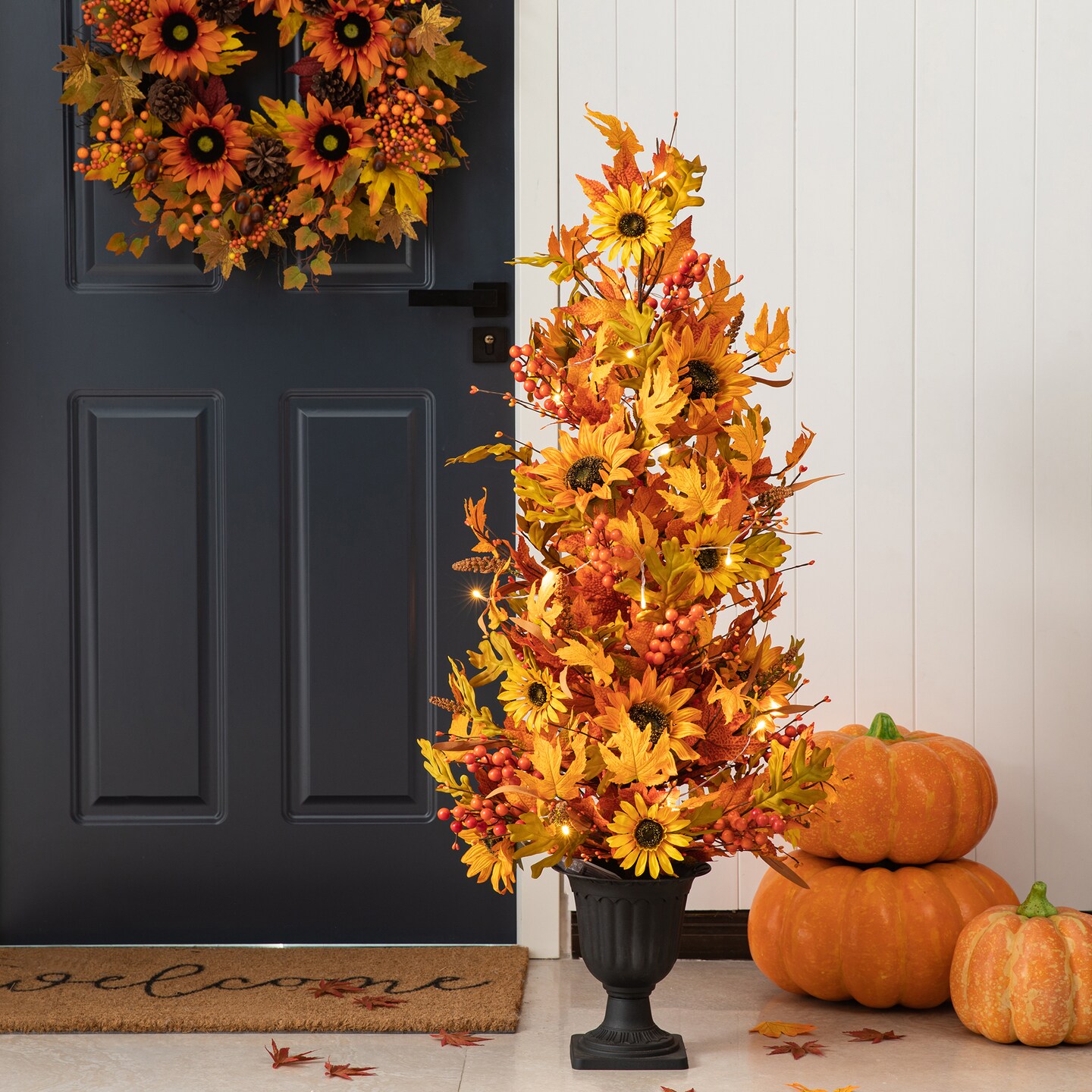 Set of 2 48"H Fall Lighted Maple Leaf and Sunflower Urn Porch Tree with Timer
