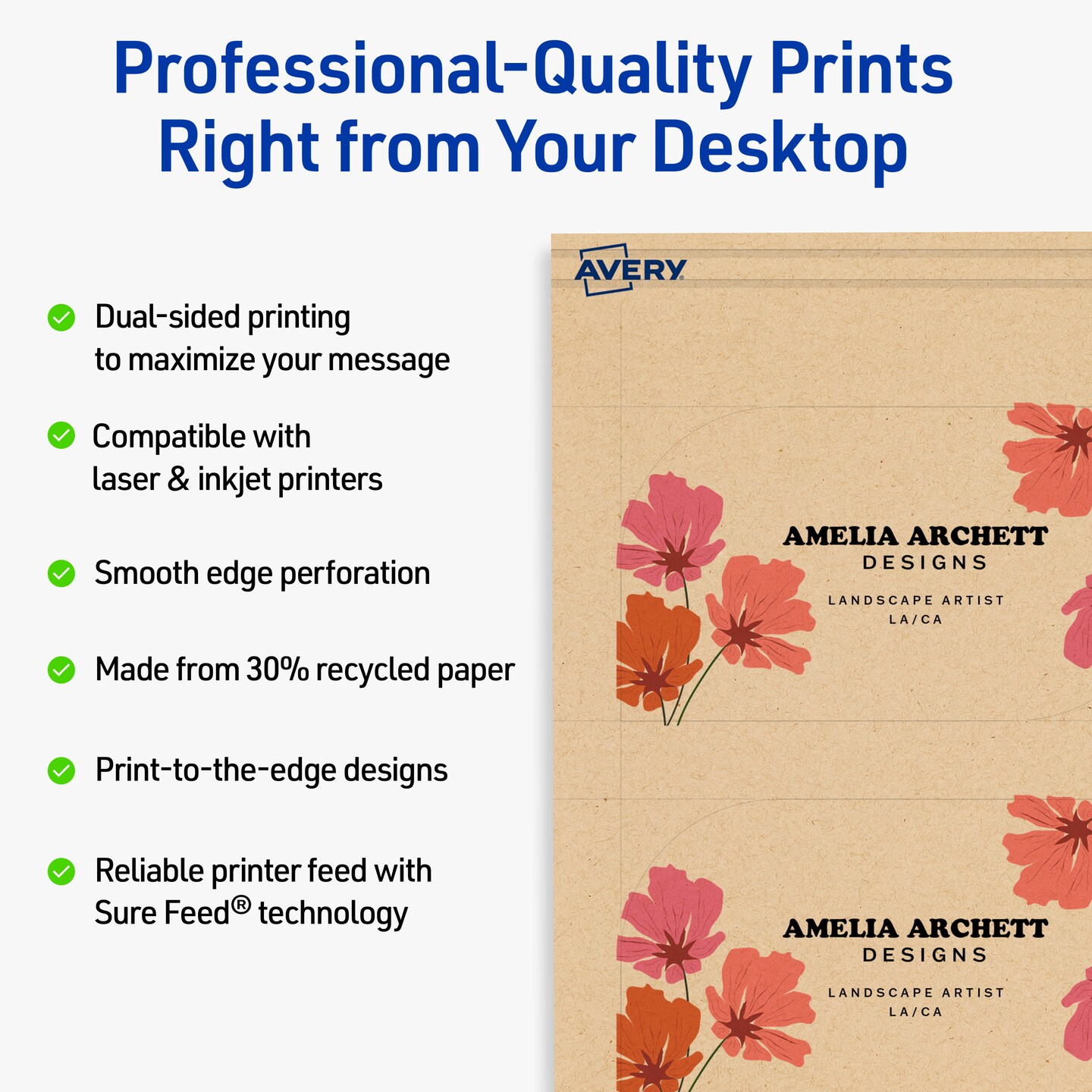 Avery Printable Leaf Business Cards, Sure Feed Technology, 2" x 3-1/2", Matte Kraft Brown Cardstock, Print-to-The-Edge, Laser/Inkjet Printable, 80 Total