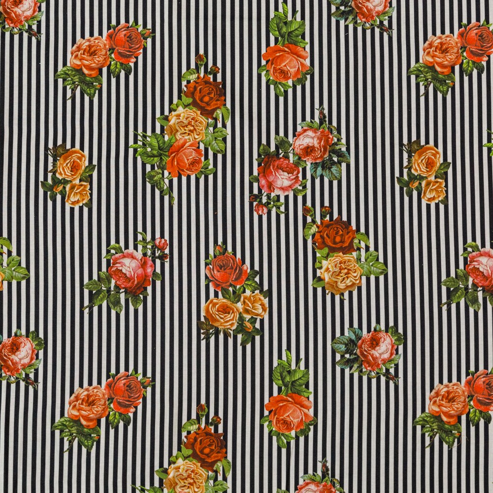 1 Yard Cotton Voile Fabric Roses on Stripes Haute Lines Print Fabric