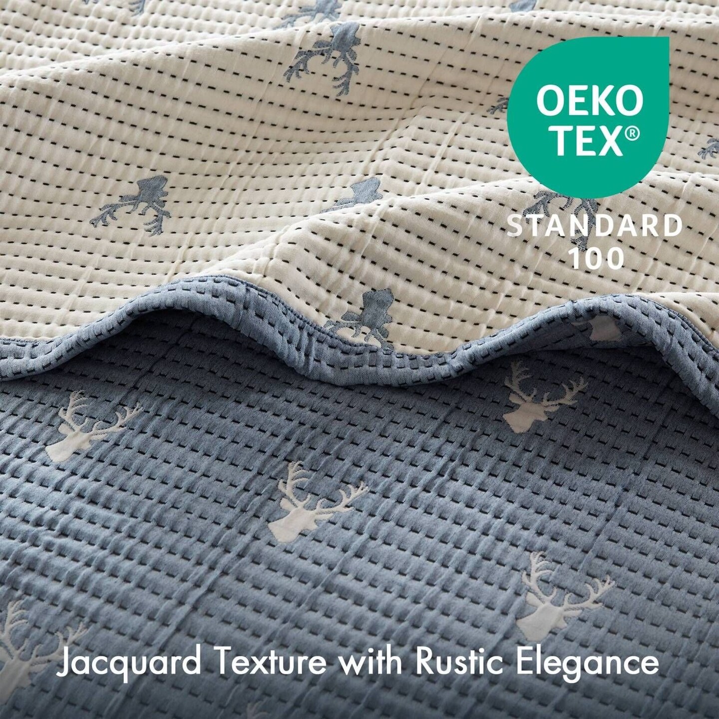 Edge Collections - Blue - Keystone 3 PCS Full/Queen Coverlet Set Stag Head Pattern