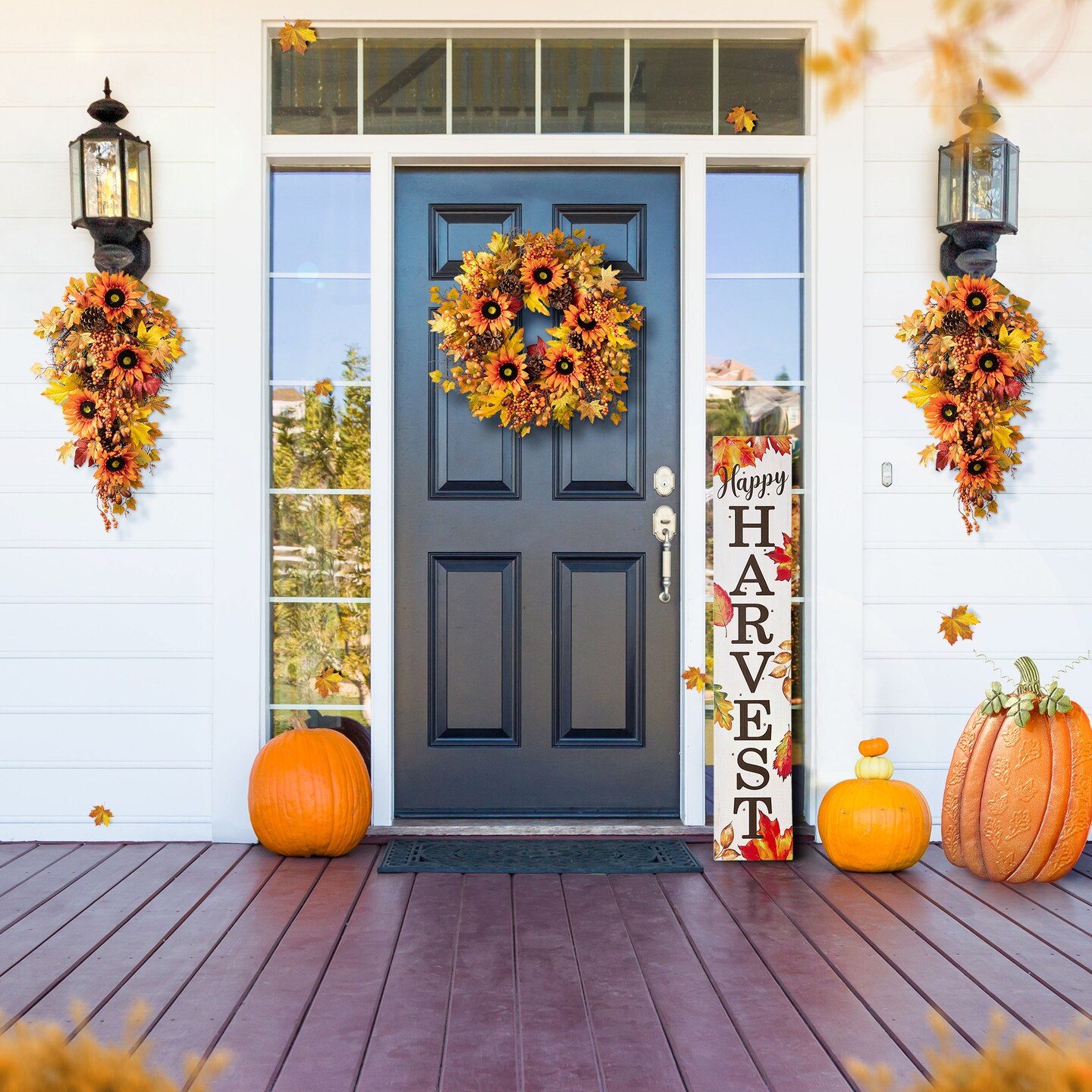 Set of 2 27&#x22;H Fall Sunflower, Maple Leaf and Berry Teardrop Swag