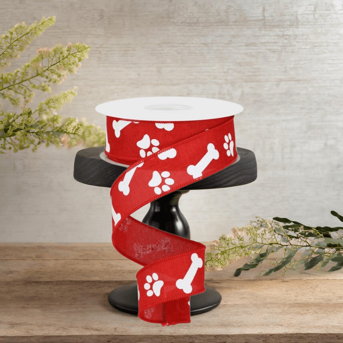 1.5&#x22; Paw Print Royal Ribbon: Red &#x26; White (10 Yards)