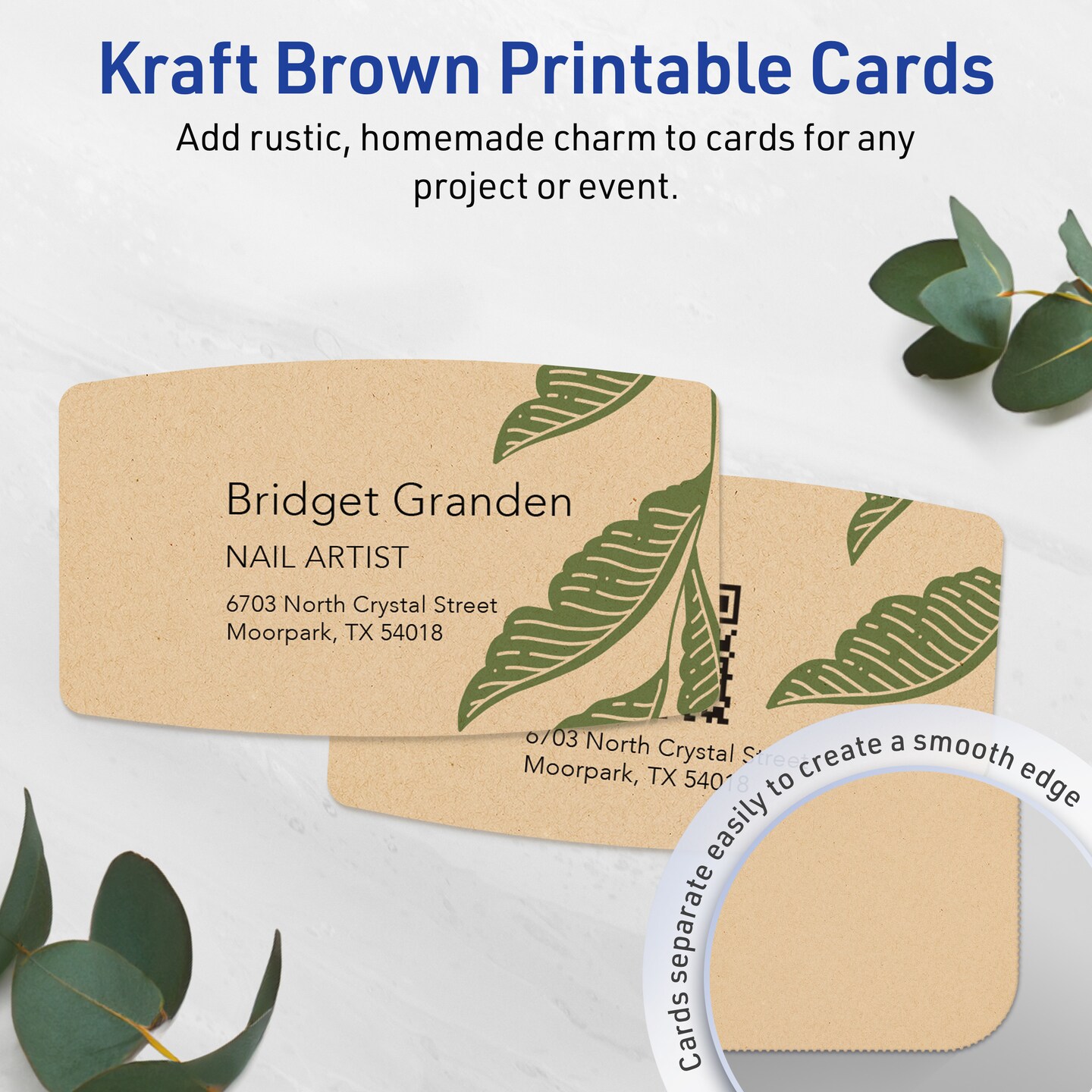 Avery Printable Arched Rectangle Business Cards, Sure Feed Technology, 2" x 3-1/2", Matte Kraft Brown Cardstock, Print-to-The-Edge, Laser/Inkjet Printable, 80 Total