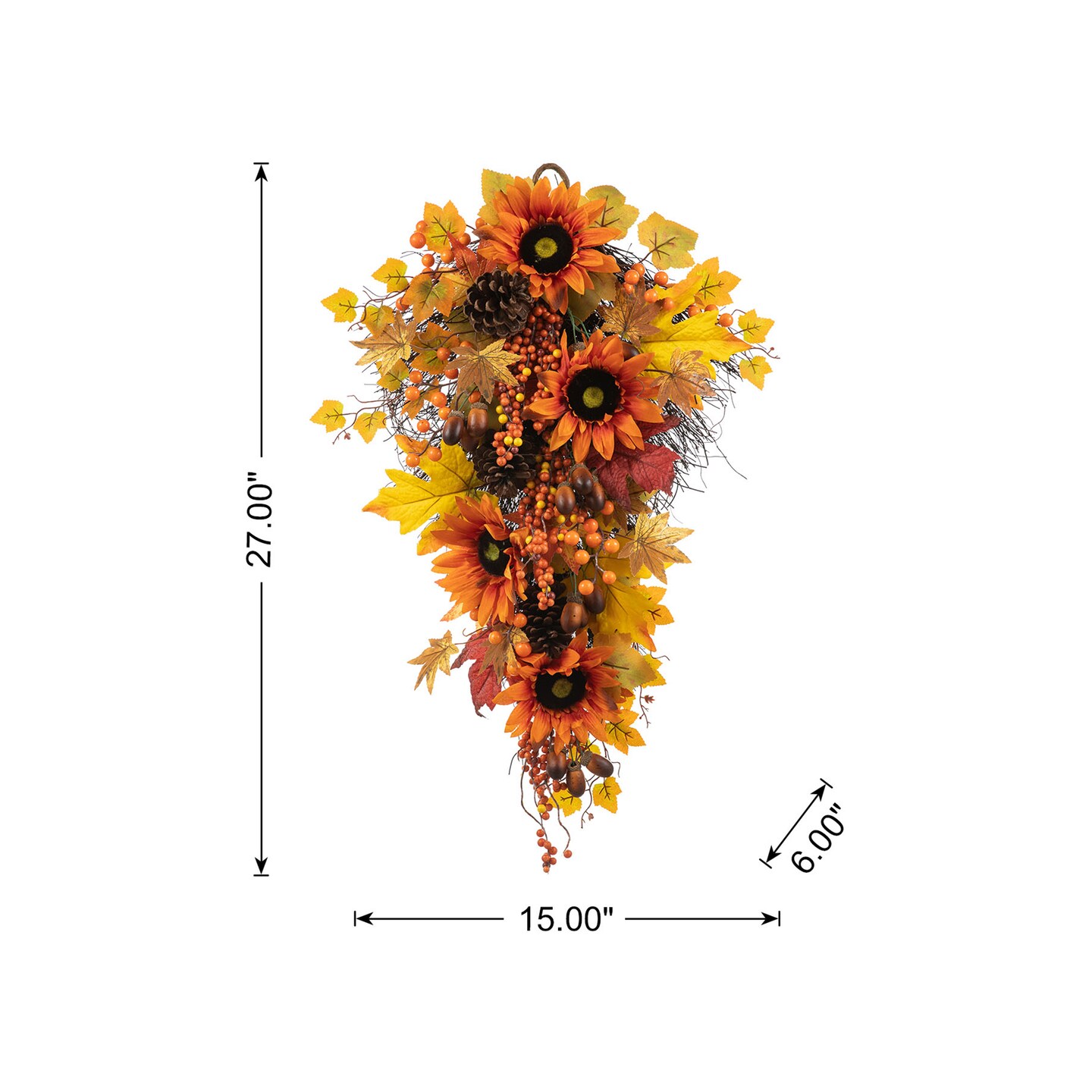 Set of 2 27&#x22;H Fall Sunflower, Maple Leaf and Berry Teardrop Swag