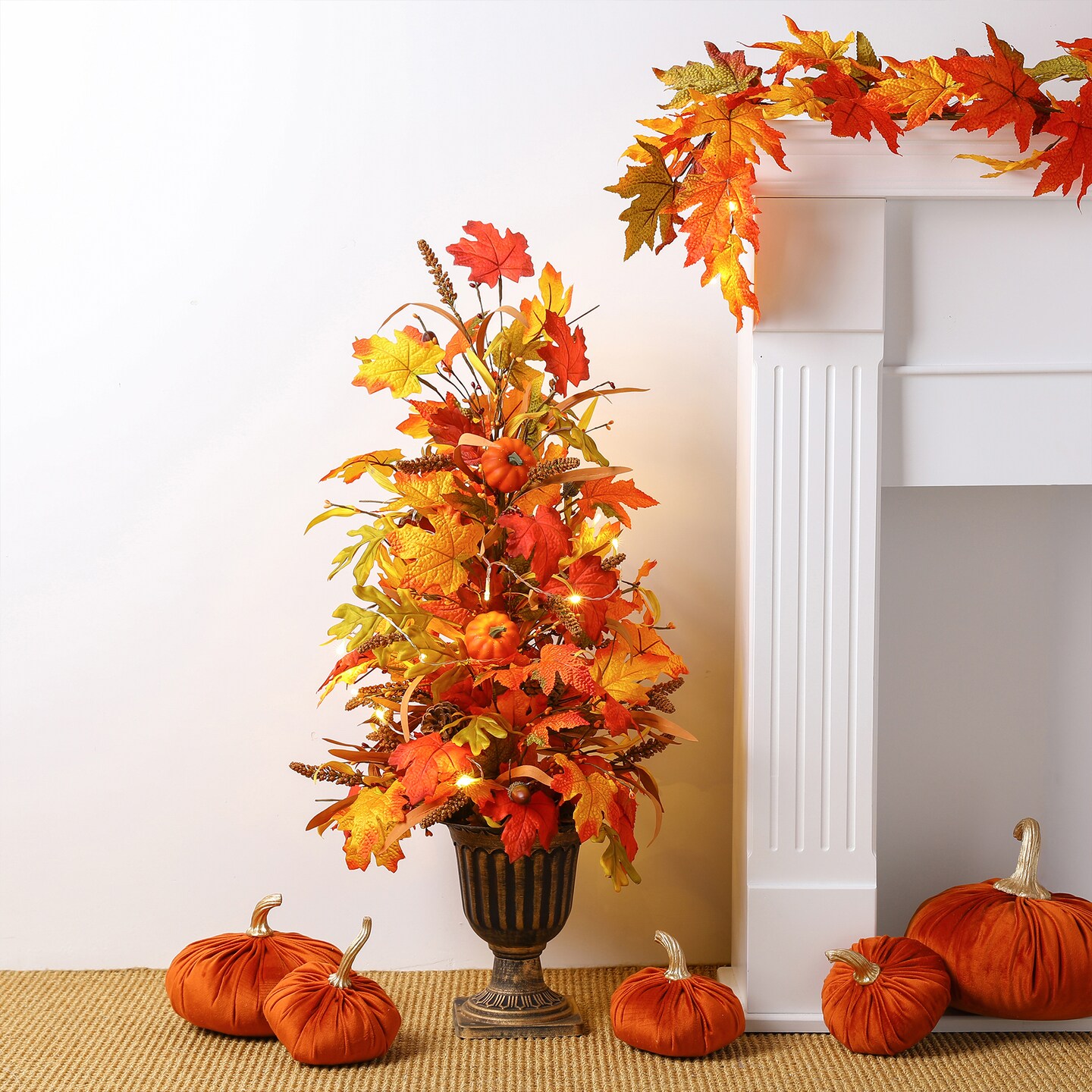 Set of 2 36&#x22;H Fall Lighted Maple Leaves Urn Potted Porch Tree with Timer, 20 Warm White Lights