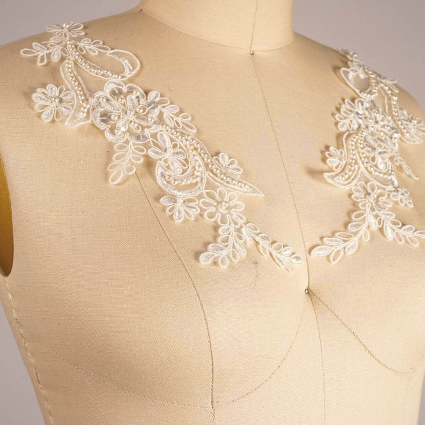 Ivory Beaded Lace Applique Patch for Bridal Gowns Veils and Accessories 8.25 Inch Single Piece