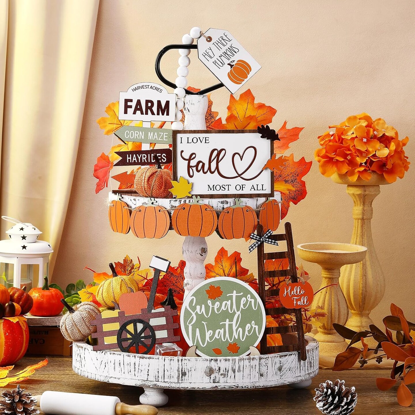 19 Pcs Fall Tiered Tray Decor Fall Home Decor Thanksgiving Day