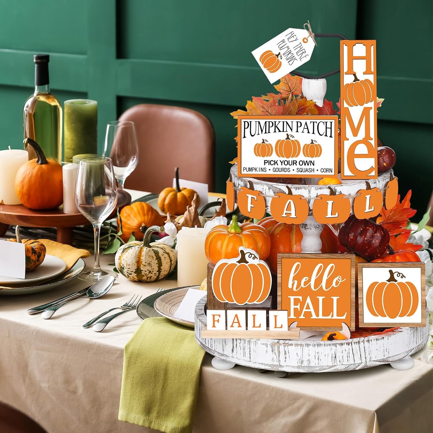 3 Pcs Fall Tiered Tray Decor Set - Autumn Harvest Wooden Sign (Pumpkin Style)