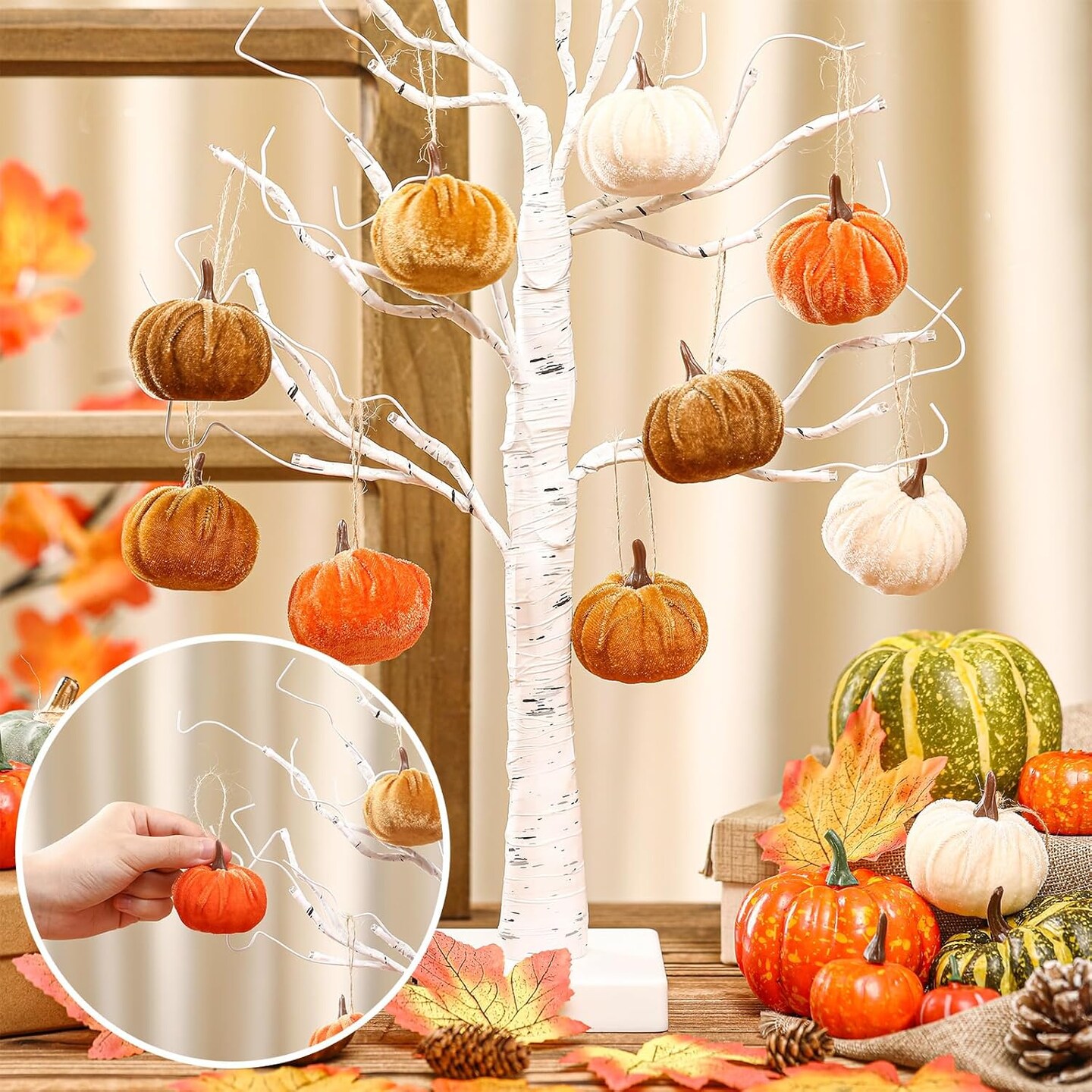 12 Pcs Fall Pumpkin Hanging Ornament 2 Inches Velvet Pumpkins