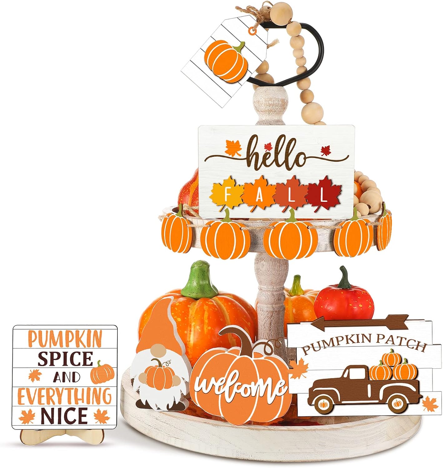 Fall Tiered Tray Decor Set Thanksgiving Pumpkin Maple Leaves