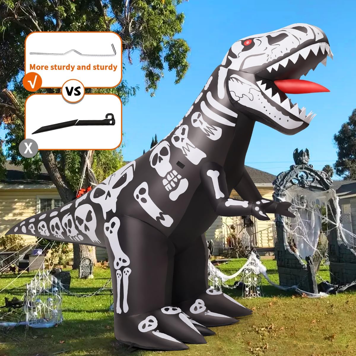 GOOSH 8 FT Long Halloween Inflatables Blow Up Dinosaur Skeleton with Built-in LEDs