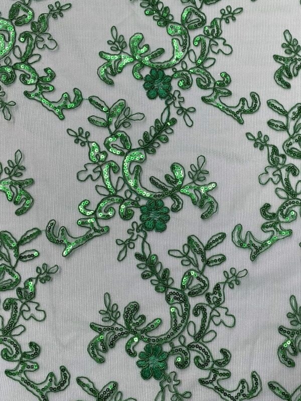 1 Yard Kelly Green Corded Sequin Lace Mesh Fabric with Double Scalloped Edge 54” Wide