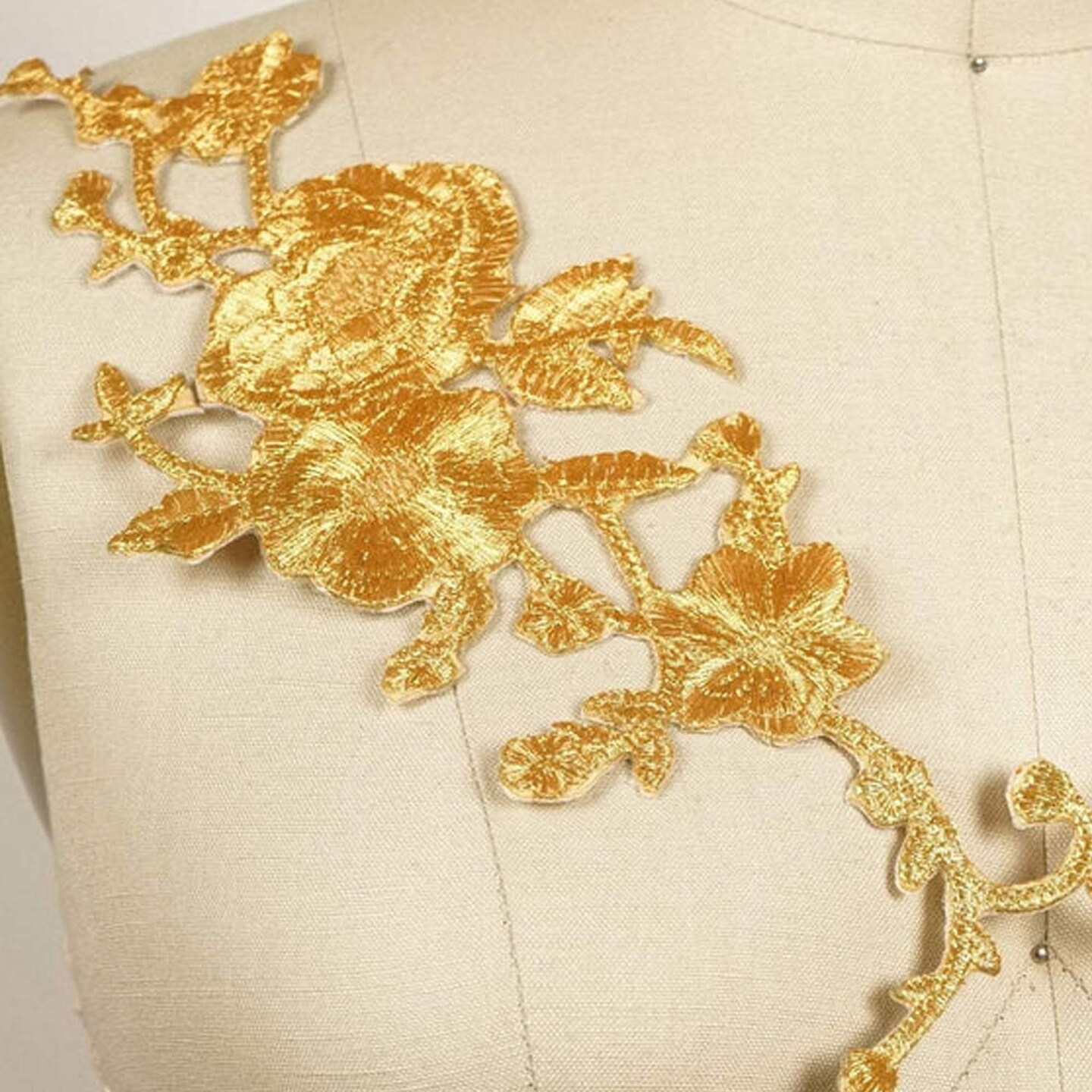 2 Pieces 9.75" x 4.75" Gold Floral Appliques Metallic Embroidered Iron-On Patch Pair for Dresses, Jackets & DIY Crafts