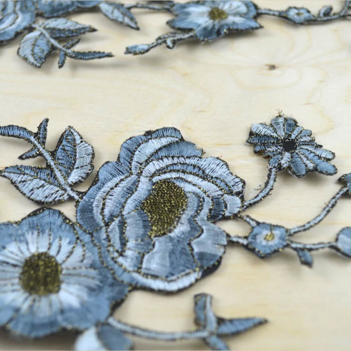 2 Pieces Large Pale Blue Flower Embroidery Patch with Antique Gold Detailing and Iron On Backing
