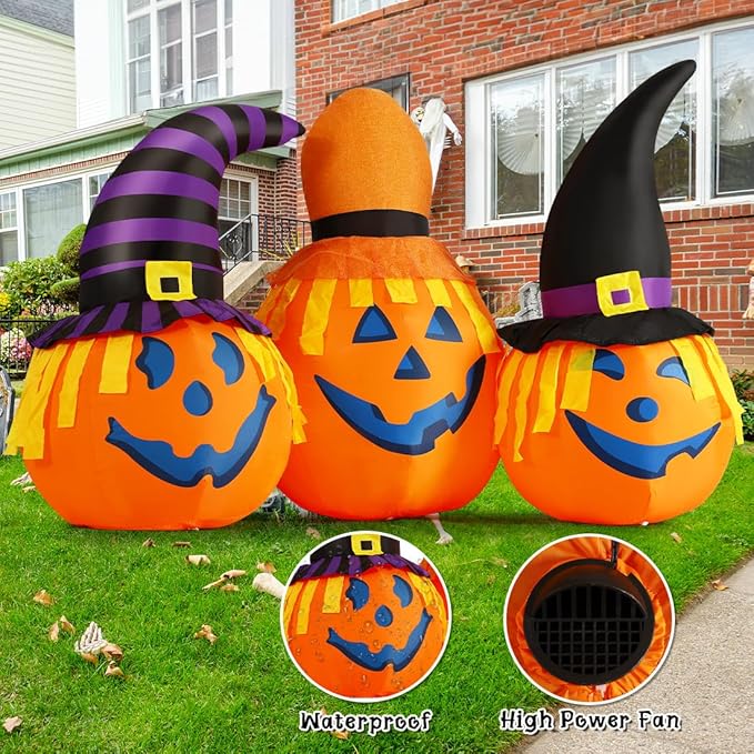 GOOSH 6.5 FT Halloween Inflatables Pumpkin Combo with Wizard hat Blow Up Yard Decoration with LED Lights Built-in