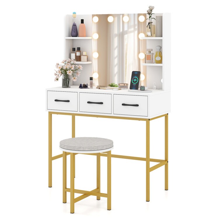 White Vanity Table with Lighted Mirror, 3 Dimmable Modes, Storage Drawers & Charging Station with Cushioned Stool