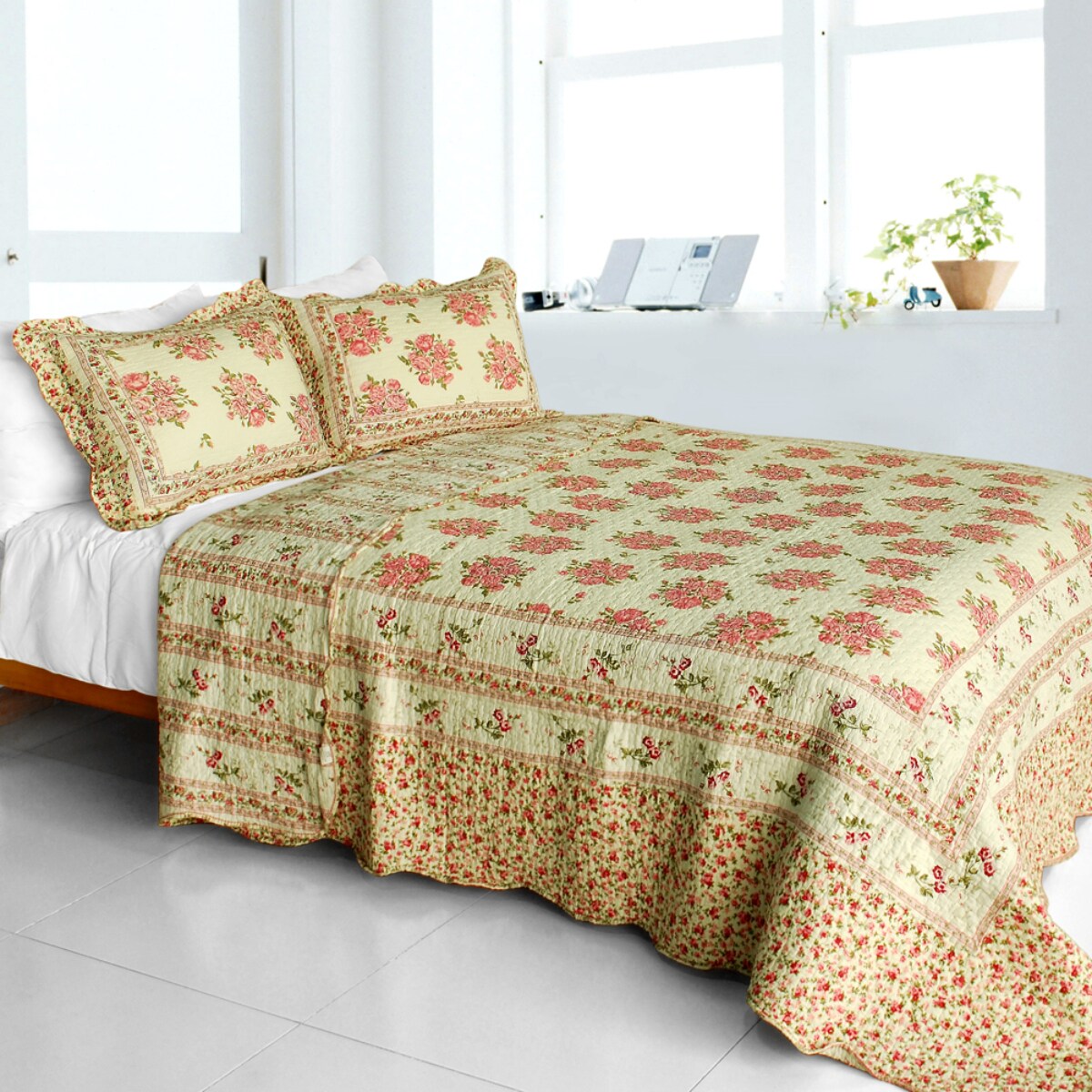 Full/Queen Multi Cotton Quilt Set 3-Piece Floral Vermicelli Quilted