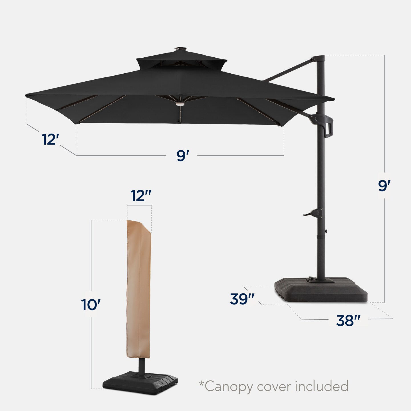 Best Choice Products 9x12ft 2-Tier Square Outdoor Solar LED Cantilever Umbrella w/ 360-Rotating Base –