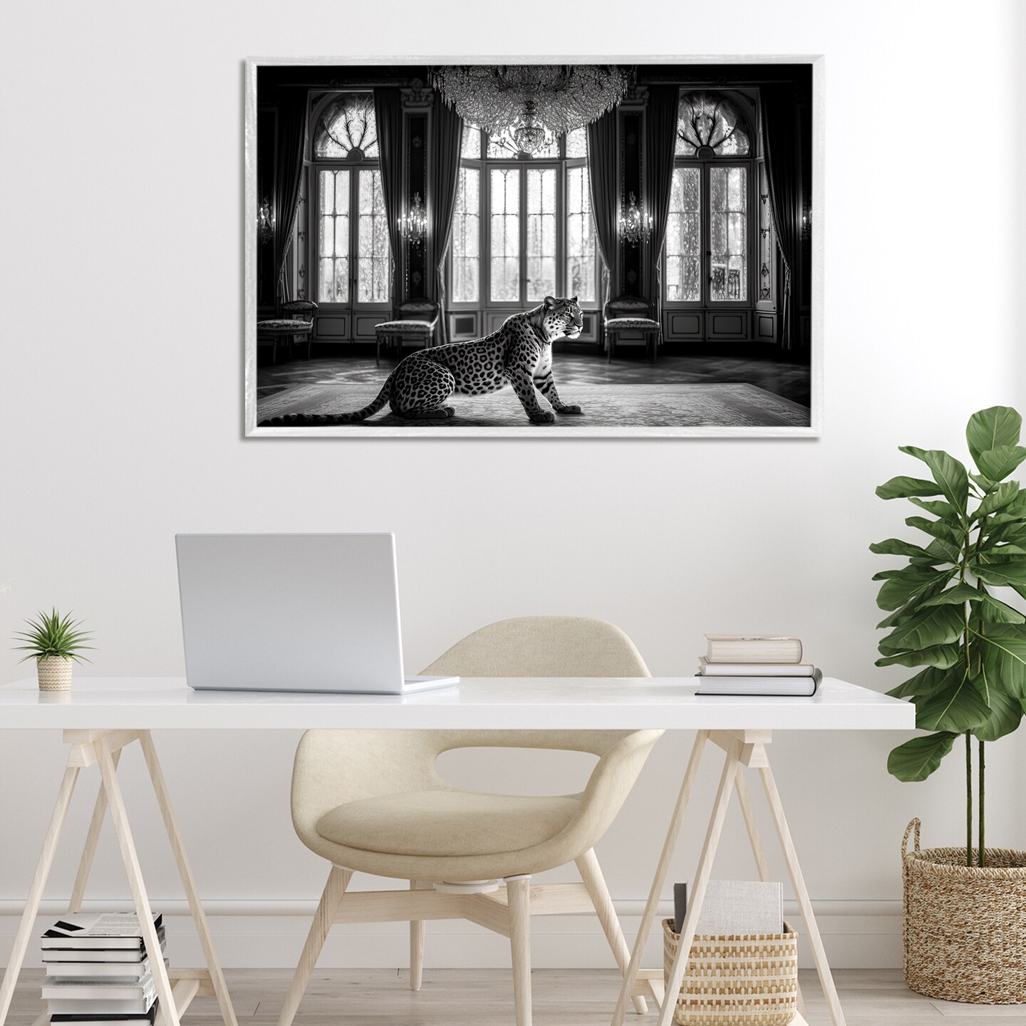 Stupell Industries Snow Leopard in Opulent Mansion Framed Giclee, design by Decent Exposures