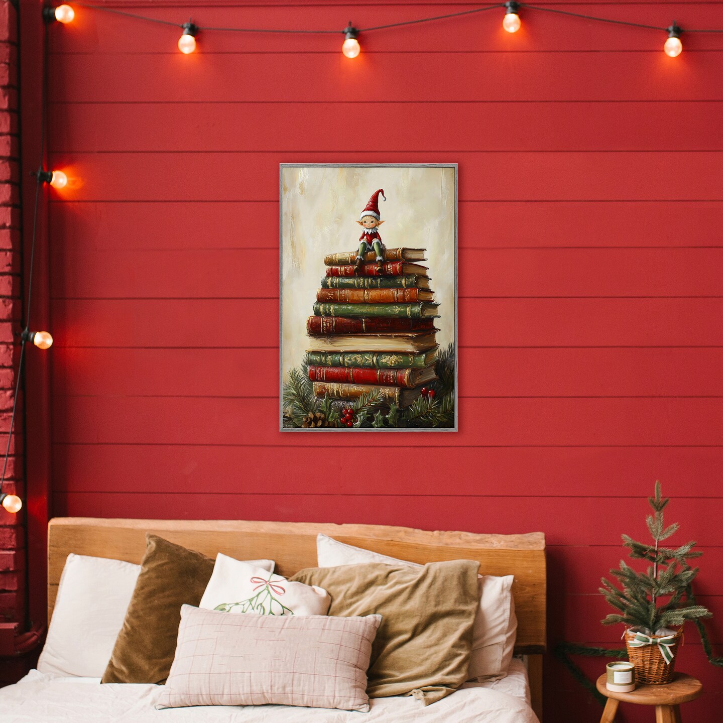 Stupell Industries Christmas Elf Bookstack Framed Giclee, design by Petal Prints Design