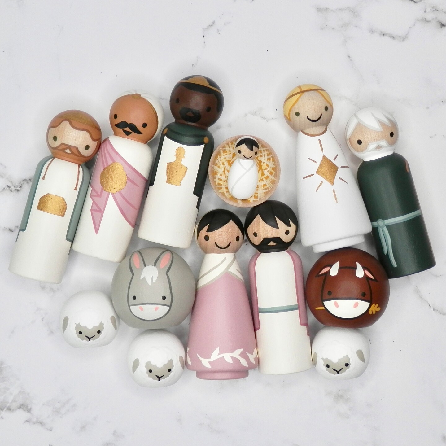 Peg Doll Nativity | Pink and Green | Full Sized | 14 Pieces