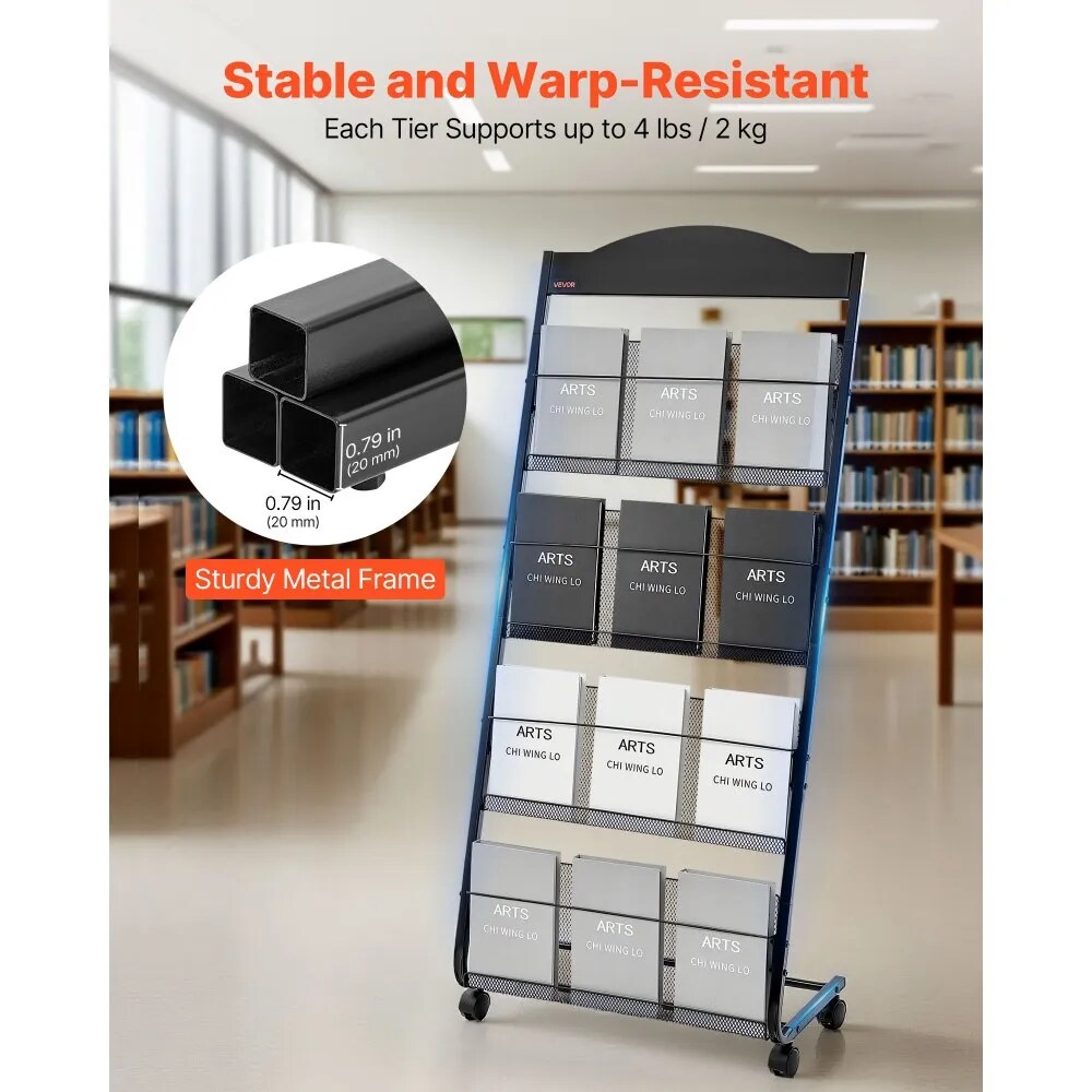 4-Tier Magazine & Brochure Display Stand with Wheels Heavy Duty Floor Rack for Catalogs Papers