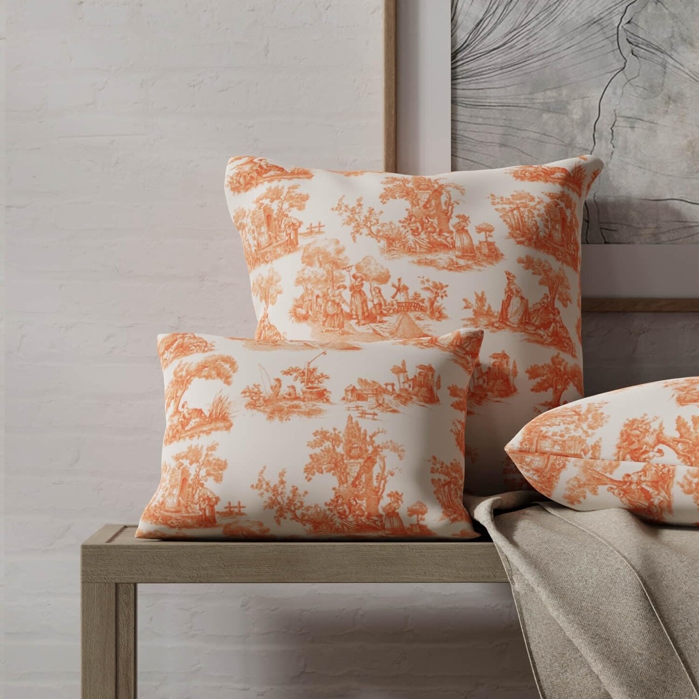 Orange Toile Print Upholstery Fabric by The Yard - SKU: Washburn Mango