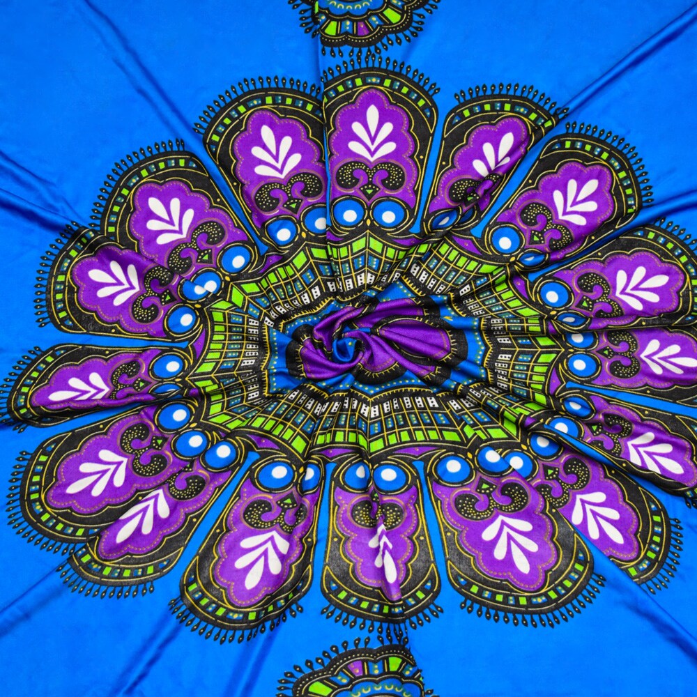 Blue-Multi Floral Medallion Border Print PANEL Silk Jersey Knit Fabric