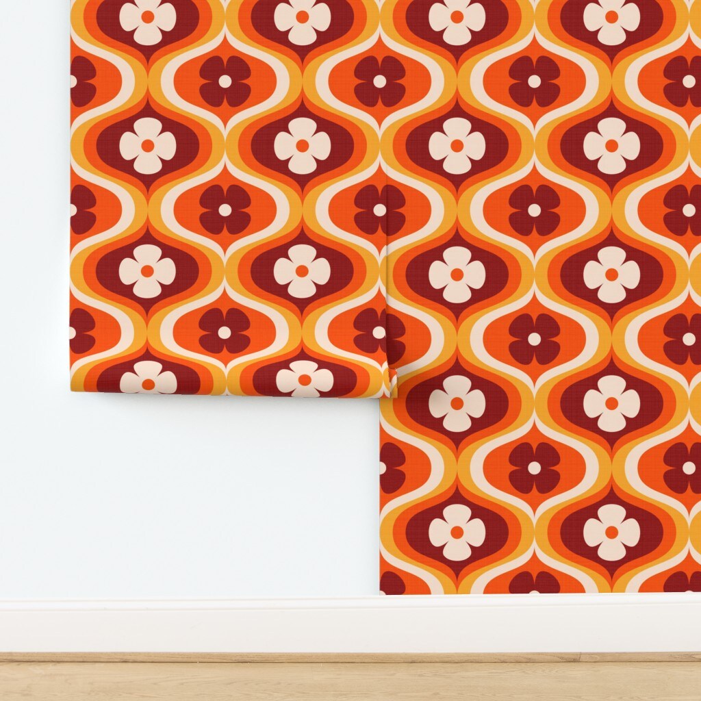 Retro Bold Floral Cream Golden Yellow Orange Brown Groovy 70S Geo Custom Pre-pasted Wallpaper by Spoonflower Pre-Pasted Wallpaper 2FT Wide