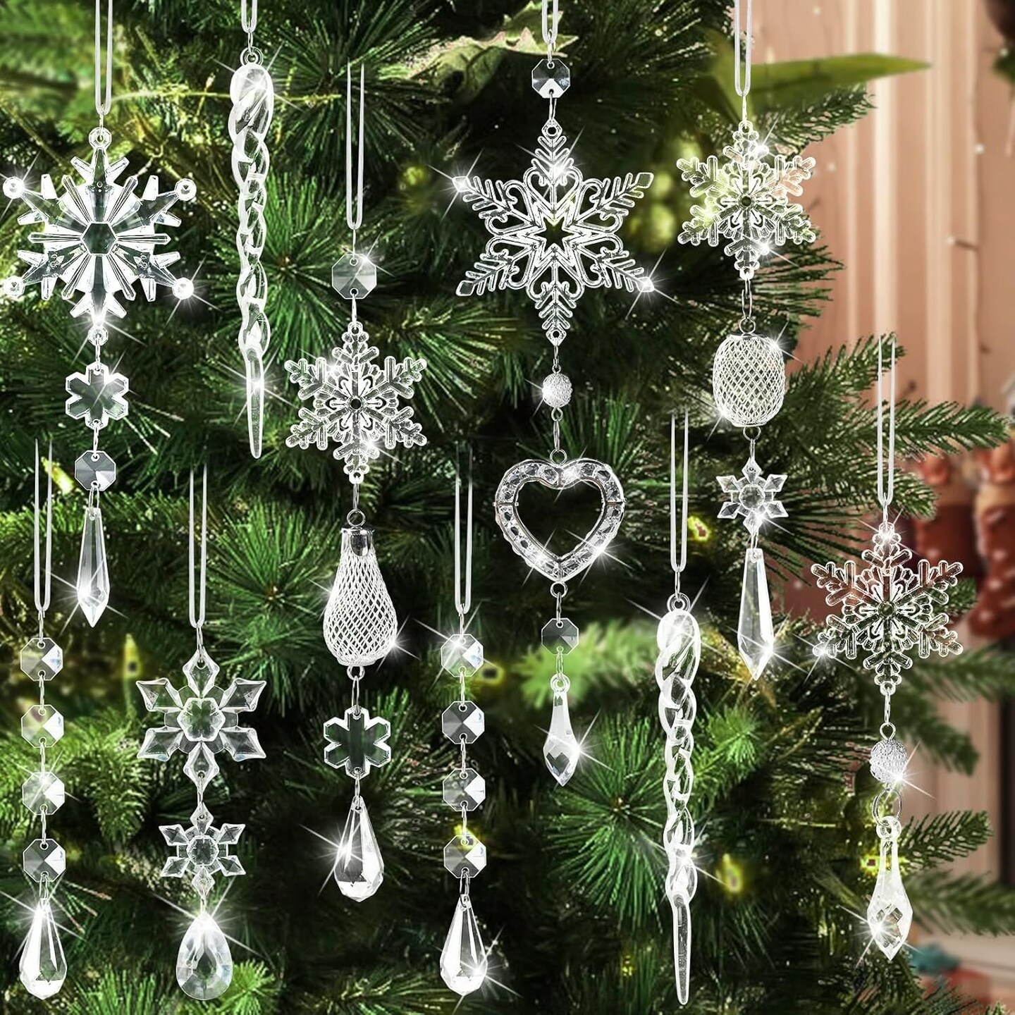 Edge Collections - None - Sparkling Crystal Snowflake Ornaments for Christmas Tree Decor - 21 Piece