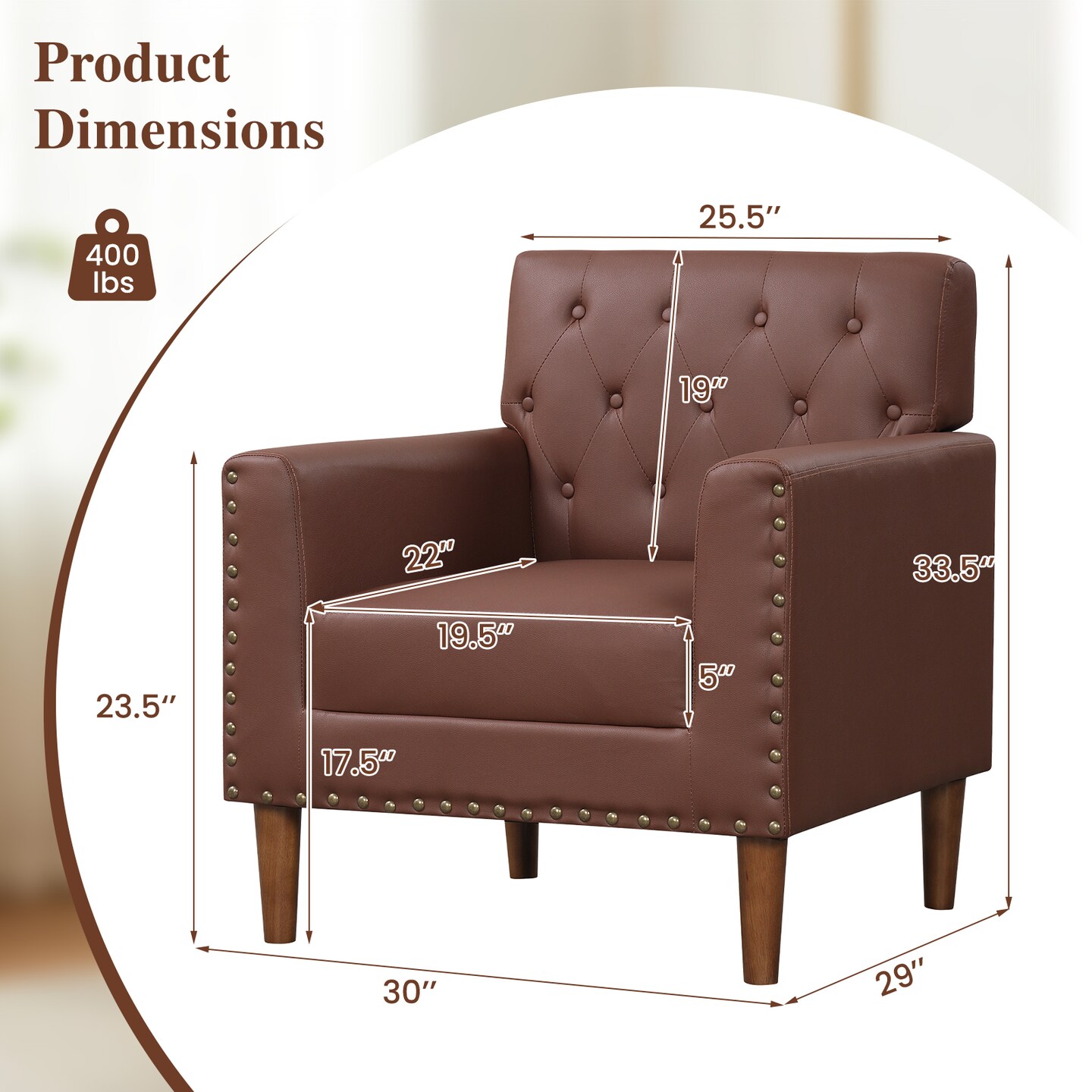 Tufted Faux Leather Accent Chair with Rubber Wood Legs – Modern Armchair with 5'' Thick Cushion
