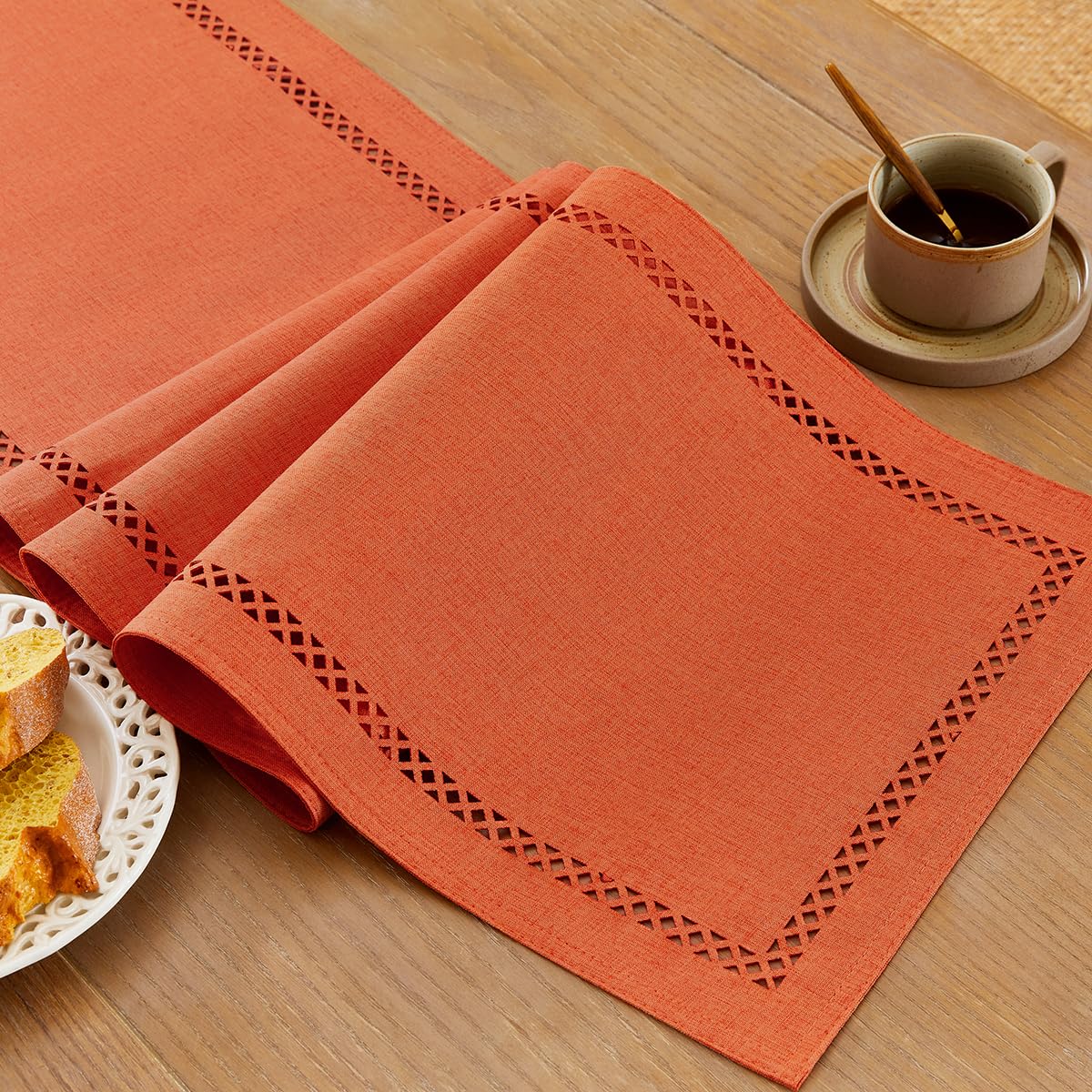 Fall Table Runner Decorations, Burlap Style Farmhouse 13 x 108 Inch Orange Table Runner, Rustic Geometric Hollow Table Runners 108 Inches Long for Autumn Thanksgiving Decorations, 13x108 Inches,Orange