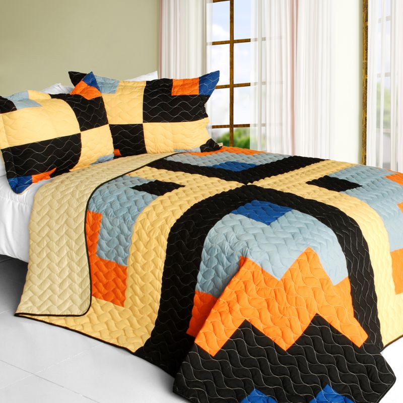 Full/Queen 3-Piece Reversible Patchwork Quilt Set Vermicelli Quilting, Handmade Geometric Design & Zipper Shams