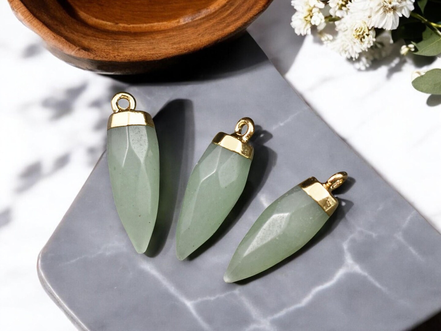25-26mm Gold Tone Natural green Aventurine Pointed Bullet Pendant