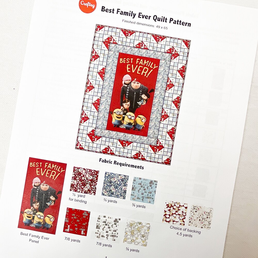 Boundless Best Family Ever Minions Quilt Kit including pattern and fabrics for top/binding - 5 1/2 yards of fabric