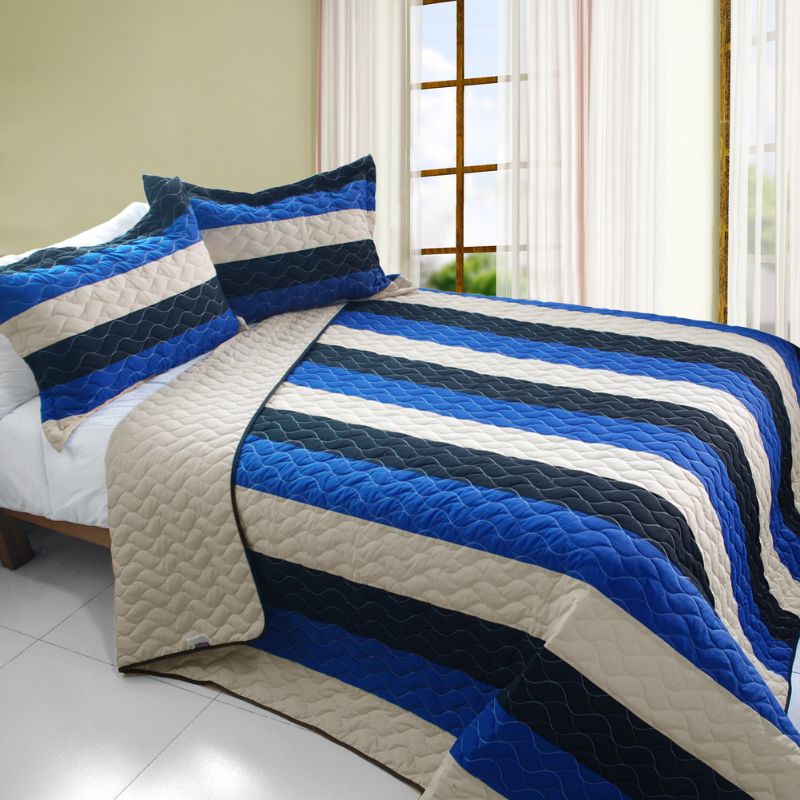 2-Piece Reversible Vermicelli Quilted Patchwork Twin Quilt Set Year-Round Comfort with Zippered Sham