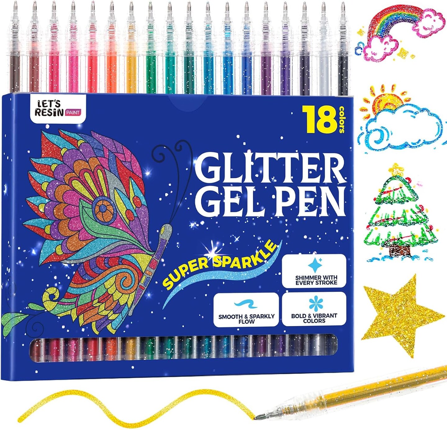 LET'S RESIN PAINT Glitter Gel Pens,18 Vibrant Colors Sparkle Gel Pen, Retractable Metallic Shimmer Pens for Adults Coloring Note Taking and Journaling Christmas Gifts Stocking Stuffers