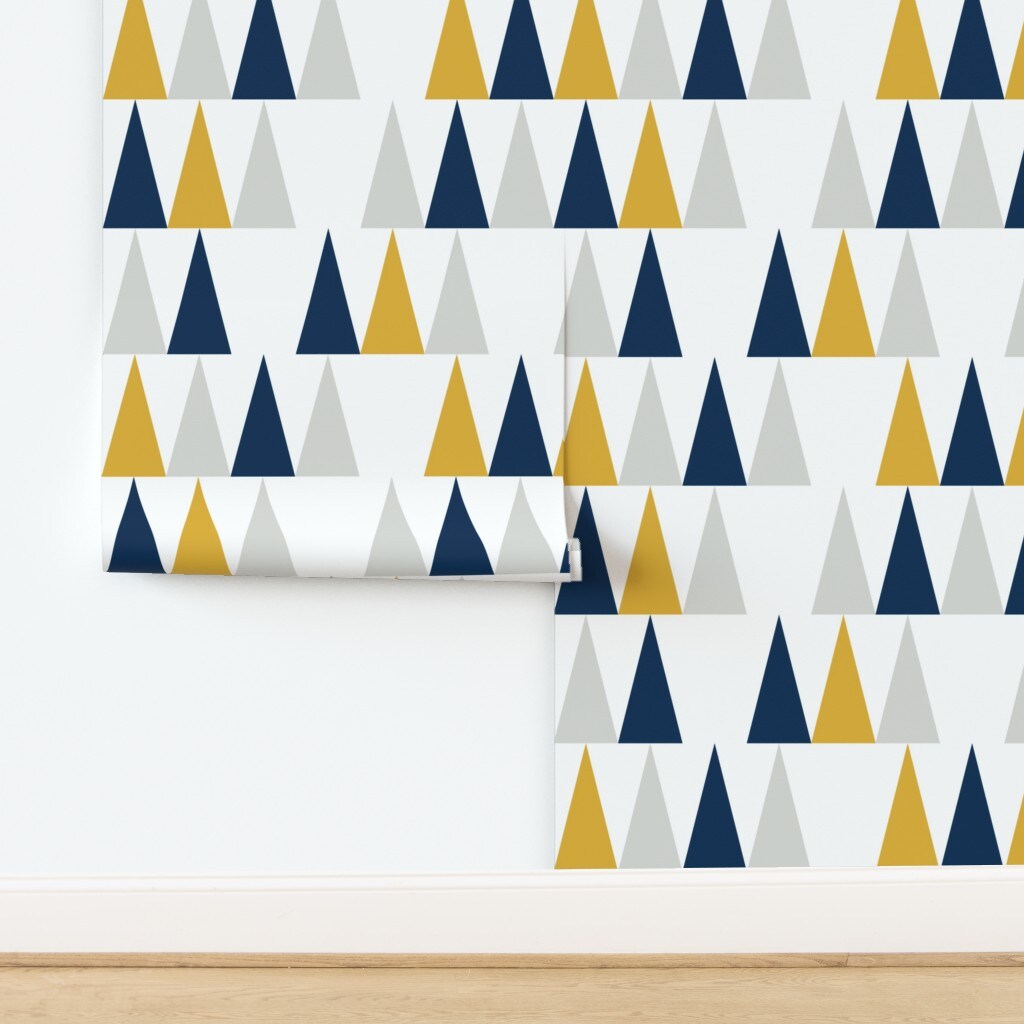 Arrows Blue Yellow Gray Triangles Geometric Chevron Modern Nursery Gender Neutral Baby Custom Removable Wallpaper by Spoonflower Peel & Stick Wallpaper 2FT Wide