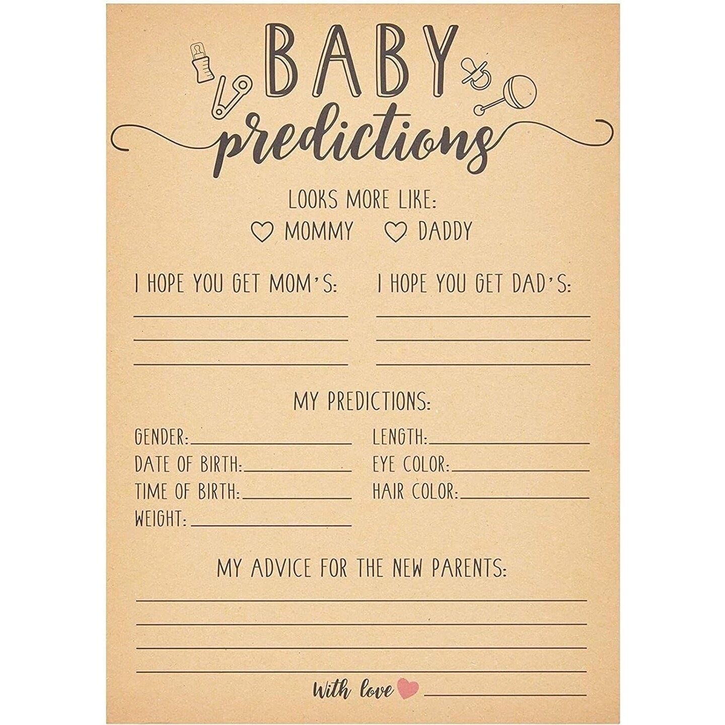 50 Sheets Baby Shower Prediction and Advice Cards for Gender Reveal Games, Party Activity (5x7 in)