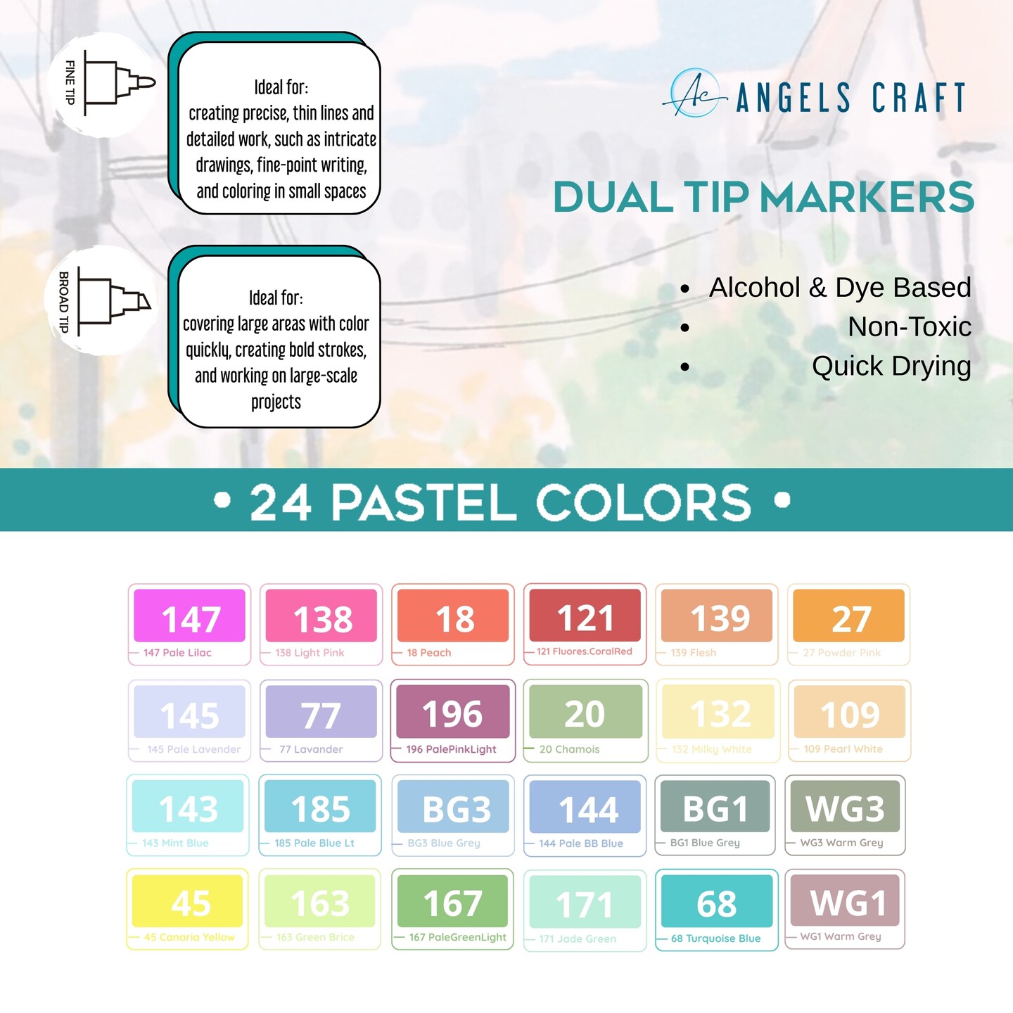Angels Craft 24 Count Dual Tip Alcohol Markers in Pastel Colors Includes Clear Plastic Storage Case