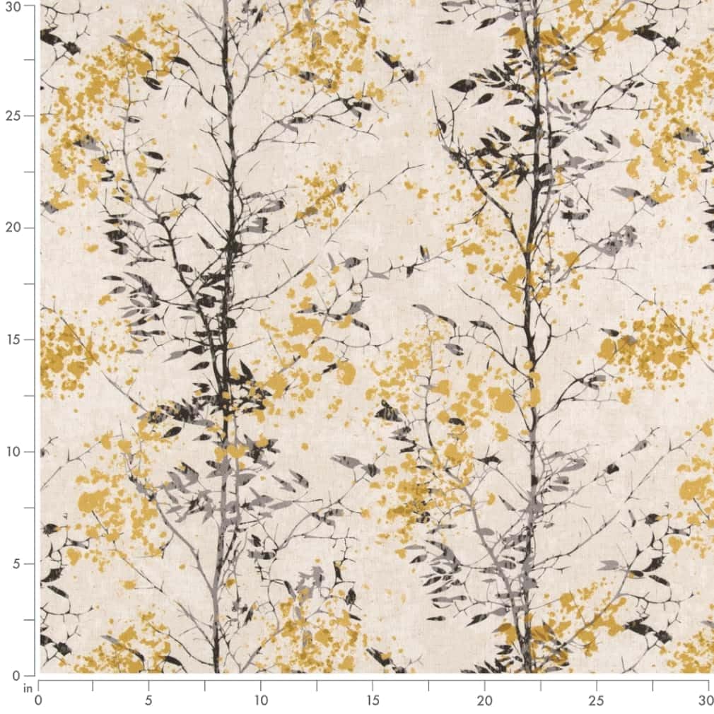 Black Yellow Grey Stain Resistant Performance Abstract Leaves Linen Look Print Upholstery Fabric by The Yard - SKU: Selena Tuscan
