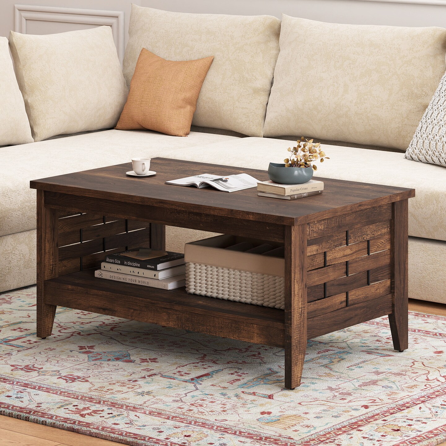 2-Tier Coffee Table with Open Storage Shelf and Woven Decor for Living Room