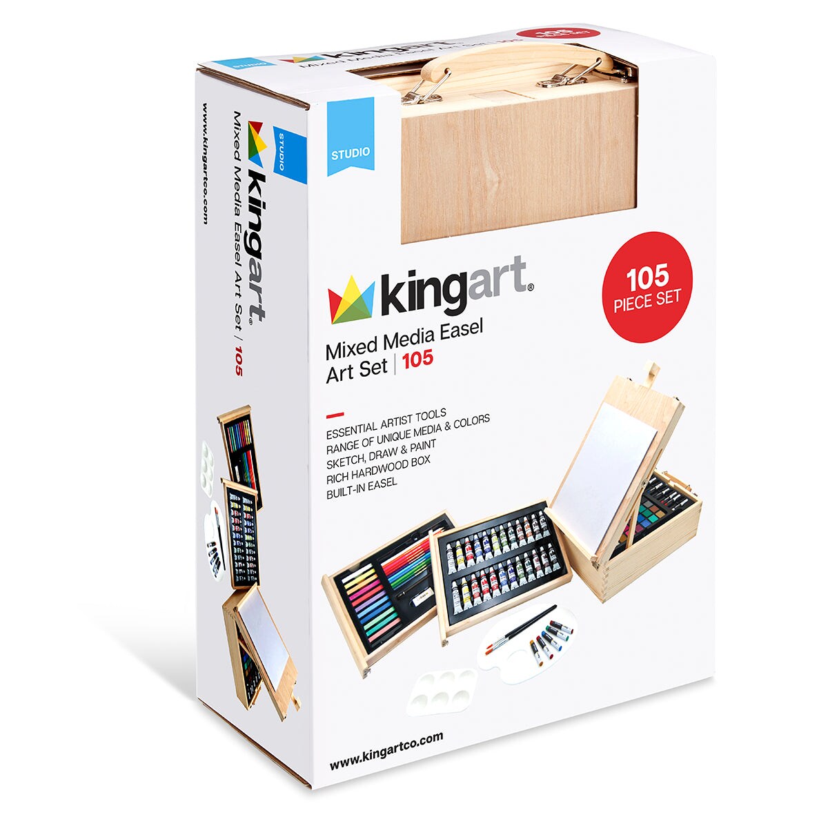 KINGART® Mixed Media Art Set, Table-Top Sketchbox Easel, 105 Pcs.