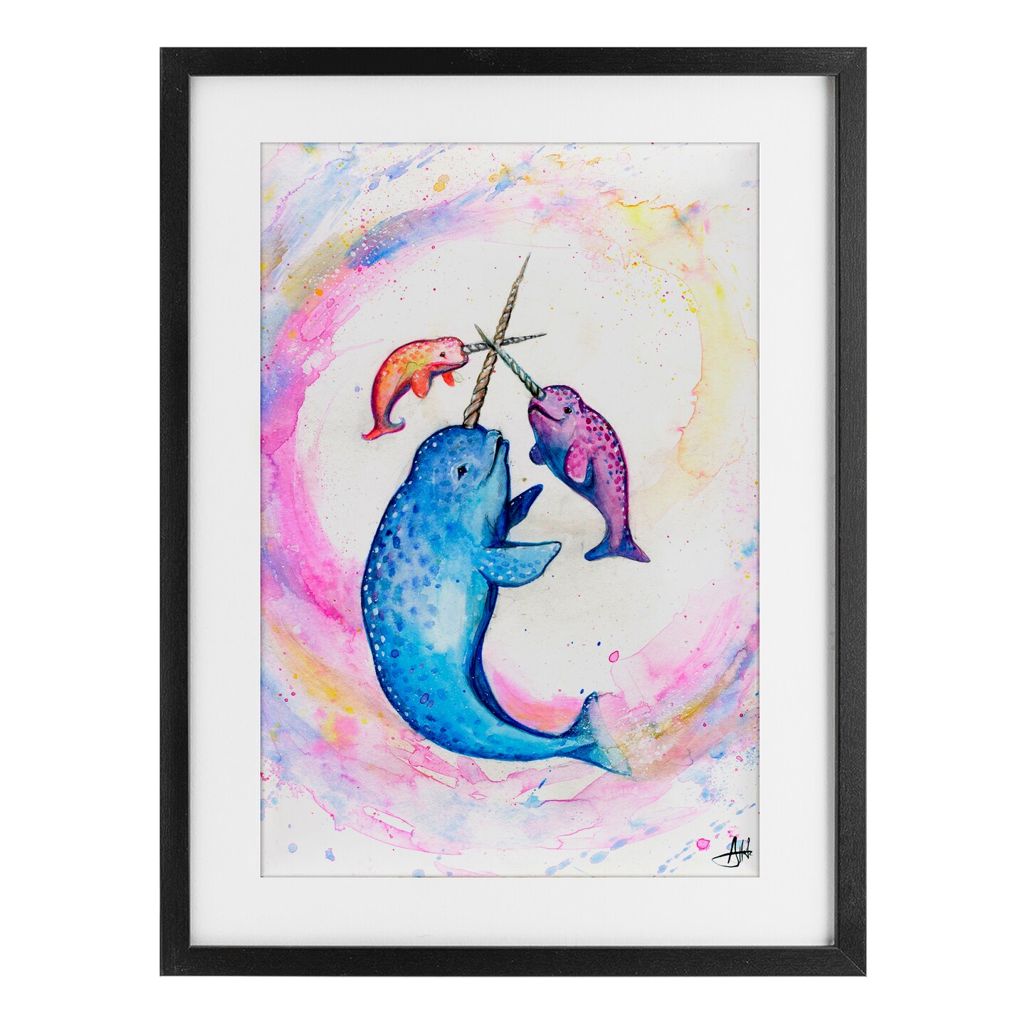 Stupell Industries Three Narwhals in Pastels Framed Print Under Glass, design by Marc Allante