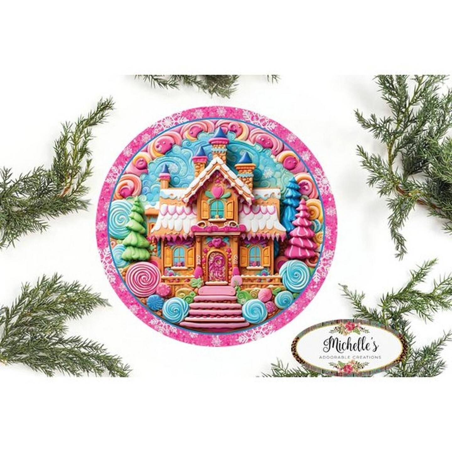 Pink Candy Gingerbread Cookie House Faux 3D Sign - Wreath Enhancement