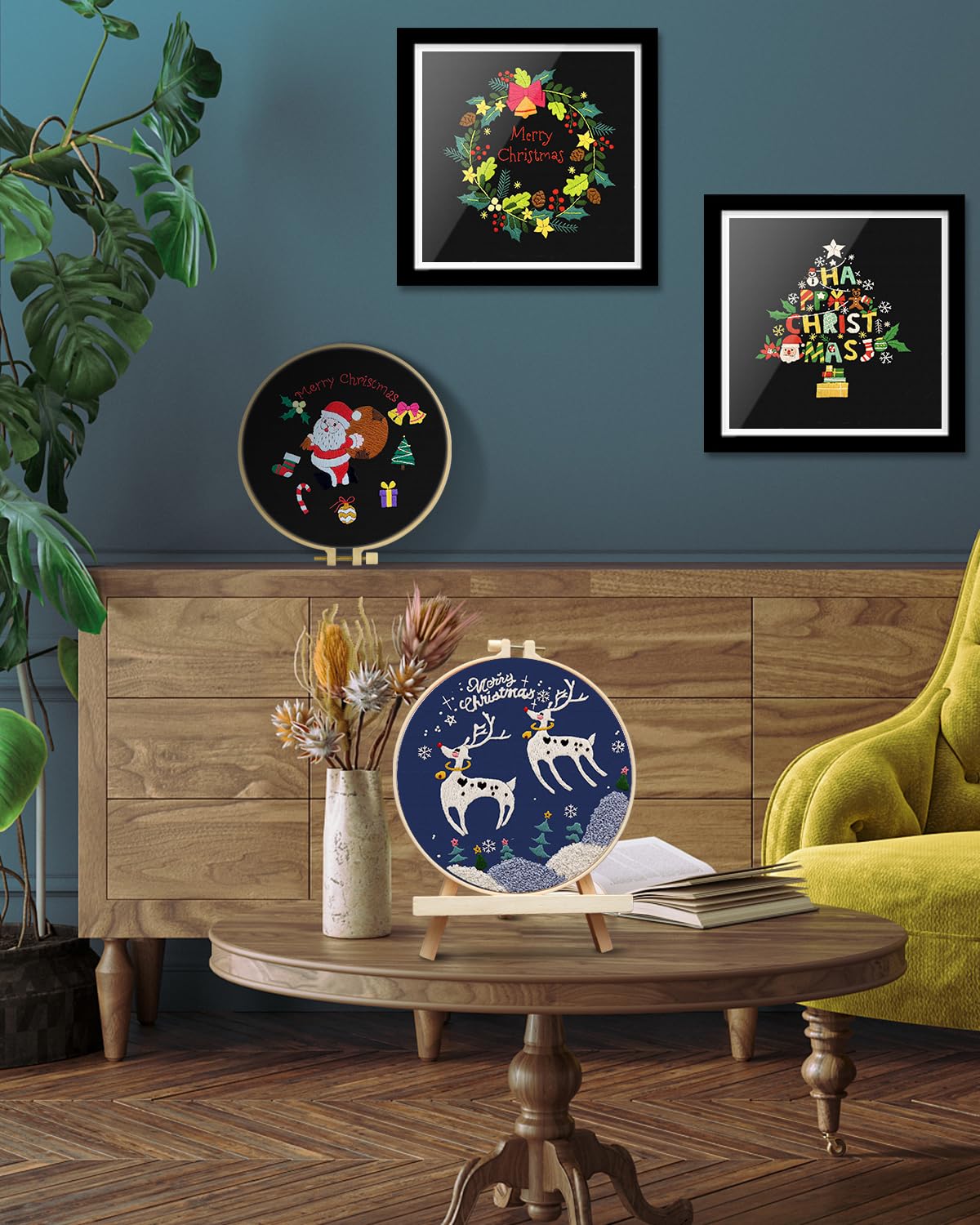 Christmas Embroidery Kit for Adult, 4 Pack Embroidery DIY Starter Kit, with Stamped Patterns, Hoop, Tools, Colorful Threads with Needles, Instructions
