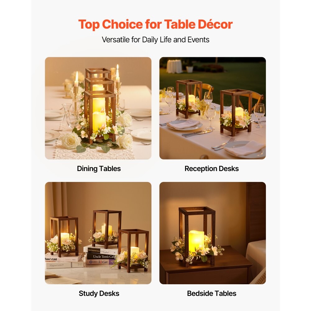 Wooden Wedding Lantern Centerpiece with LED Candle, Flower Wreath for Table Decor